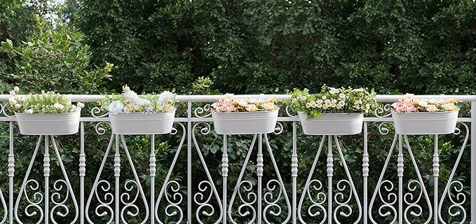 Dahey 5 Pcs Metal Iron Hanging Flower Pots for Railing Fence 15.7 Inch Hanging Bucket Pots Countryside Style Window Flower Plant Holder with Detachable Hooks for Garden Yard Home Decor, White