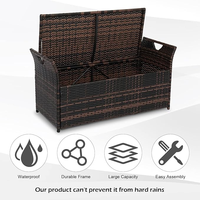 VINGLI 40 Gallon Outdoor Rattan Deck Box w/Cushion, Patio Wicker Storage Box, Garden Deck Storage Bin for Garden, Balcony, Porch, Pool, Yard, Brown