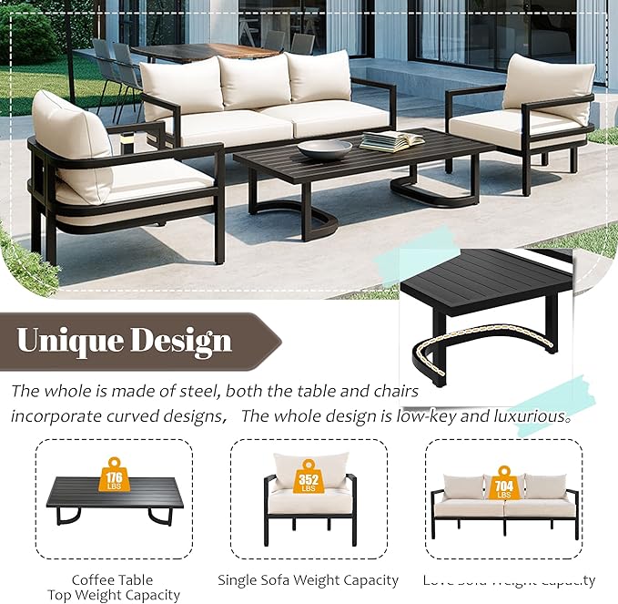 Merax 4 Piece Sectional Furniture Patio Sofa Multi-Person Outdoor Steel Sofa Set, Waterproof, Anti-Rust and Anti-uv, Suitable for Gardens and Lawns，Beige