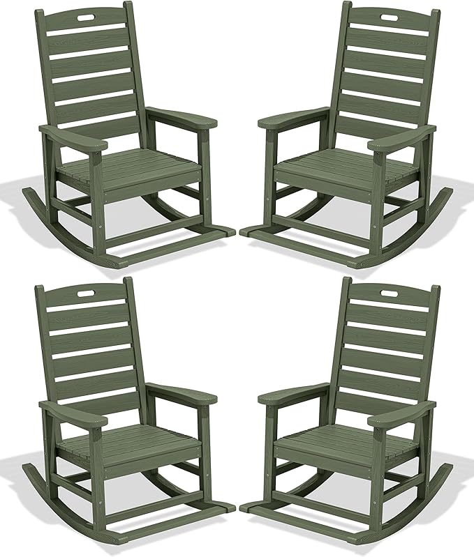 SERWALL Outdoor Rocking Chair Set of 4, Oversized HDPE Patio Rocking Chair with Footrest for Adults, All Weather Porch Rocker for Deck Patio Balcony, Avocado Green