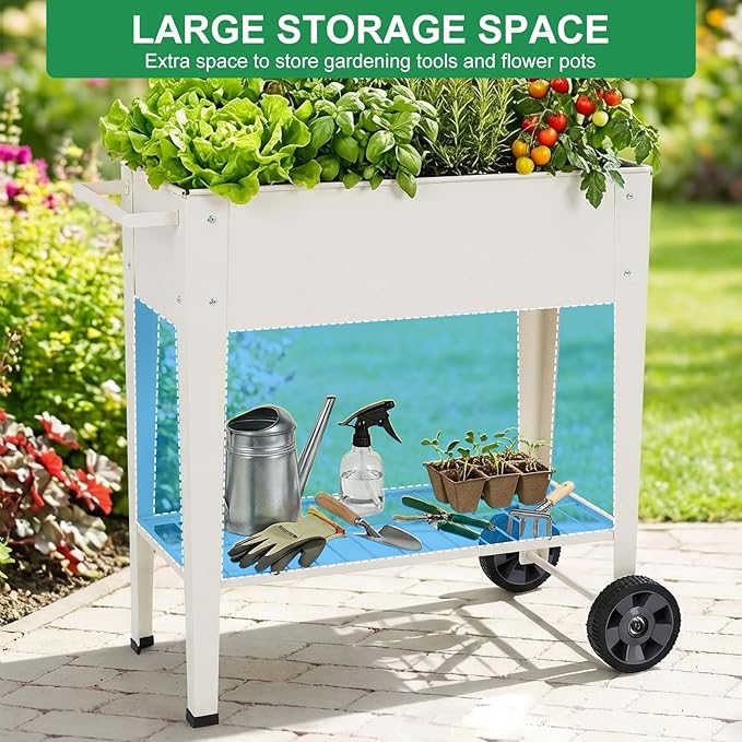 Elevated 32" Tall Raised Garden Bed with Legs and Wheels for Mobility, Metal Planter Boxes Outdoor with Shelf, Raised Bed for Gardening Vegetables/Herbs, Backyard, Patio, Balcony, White