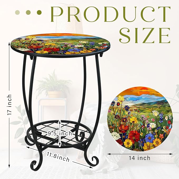 Outdoor Side Table Round Small Mosaic Patio Accent Indoor End Plant Coffee Tea Table for Yard Patio Porch Garden Living Room, Bedroom(Flower Style,14 Inch)
