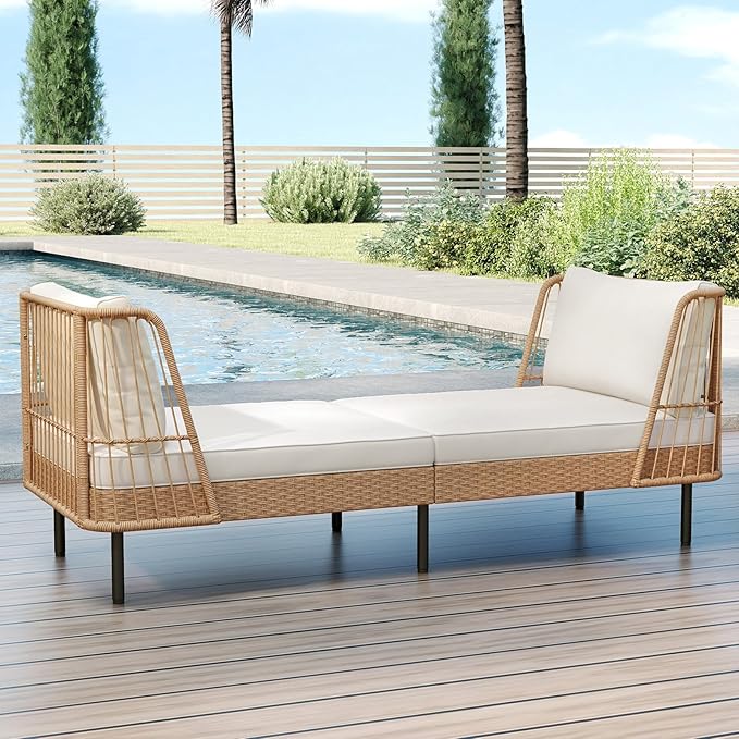 Tangkula Patio Rattan Daybed Set of 2, Boho Outdoor Wicker Lounge Sofa with Seat & Back Cushions, 2-Seat Bench Sun Lounger Chair with Robust Metal Legs for Deck, Backyard, Porch, Poolside (Off White)