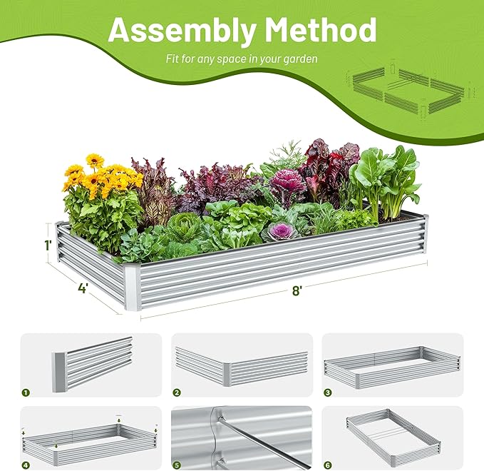 2PCS 8x4x1FT Galvanized Raised Garden Bed, Galvanized Planter Raised Garden Boxes Outdoor, Large Metal Raised Garden Beds for Vegetables-Silver