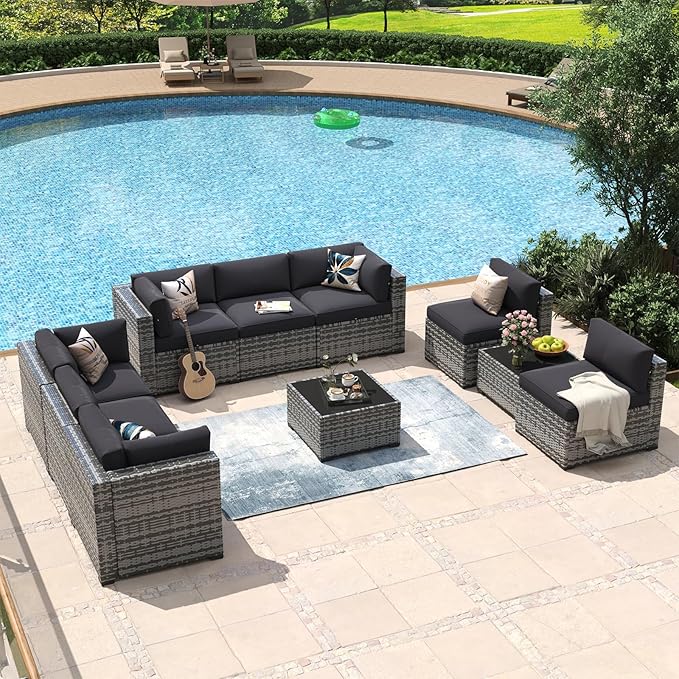 Aoxun 10 Piece Patio Furniture Set Wicker Rattan Patio Conversation Set Outdoor Sectional Sofa Set with Coffee Table and Thickened Cushions, Gray/Black(Waterproof Cover Included)