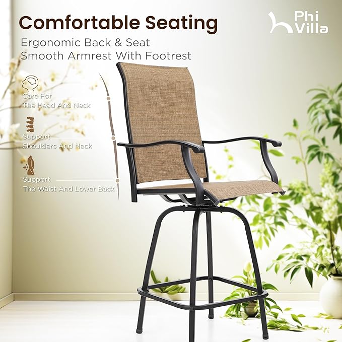 PHI VILLA Outoor Swivel Bar Stools Set of 6 with Armrest and Backrest, 30" Seat Height High Top Bar Height Patio Chairs, Brown Textilene Fabric