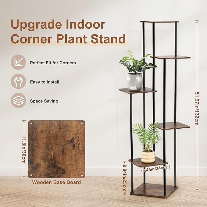 6 Tier Plant Stand Indoor Outdoor, Wood Metal Corner Shelf, Multiple Flower Pot Rack Holder Shelves, Planter Shelf Display Storage Organizer for Patio Living Room Balcony (Black)