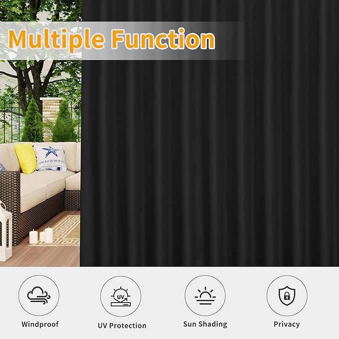 Easy-Going Outdoor Patio Curtains Detachable Tab Top Windproof Weatherproof Curtain for Cabana, Porch, Pergola and Gazebo, Tab Bottom Drape, 2 Panels, 54W x 96L inch, Black