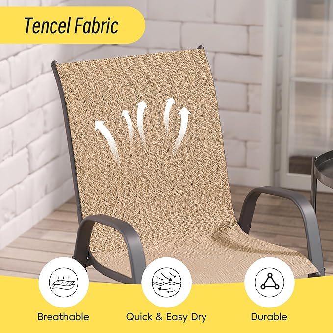 Betterhood Patio Chairs Set of 2, Stackable Outdoor Dining Chairs Set with Breathable Seat Fabric, All-Weather Powder-Coated Metal Frame for Deck, Pool Side and Backyard, 350LBS Capacity (Khaki)