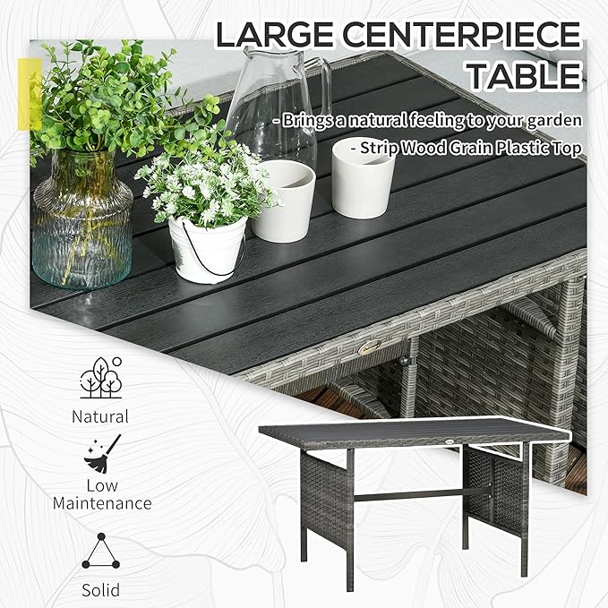 Outsunny 7 Piece Rattan Outdoor Patio Furniture Set, L-Shaped Sectional Sofa Conversation Set with Loveseats, Ottomans, Dining Table, Cushions, Storage, Mixed Gray