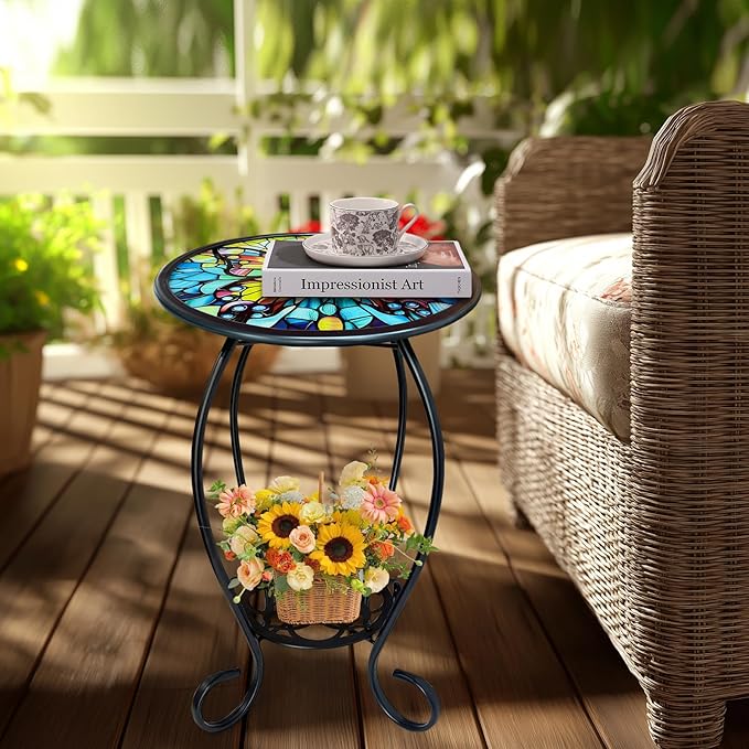 LIFFY Outdoor Side Table, 14" Round Mosaic Patio Table with Glass Butterfly Tabletop, 21" Height 2-Tier Indoor Small Decorative Plant Stand & End Table with Metal Frame for Home, Garden, Yard