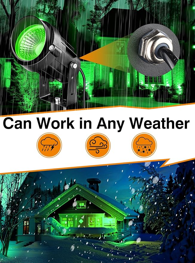 Christmas Green LED Spot Lights Landscape Lights Outdoor, 110v Plug in Landscape Lighting with IP66 Waterproof Halloween Spotlights for Garden Pathway Tree Pathway, 2 Pack7W Green LED Landscape Lights