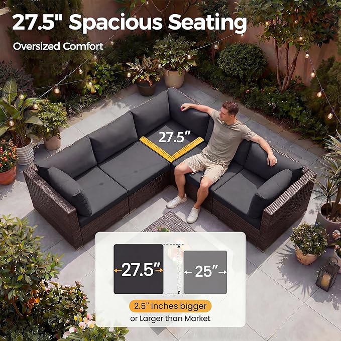 NICESOUL 9 Piece Extra Large Outdoor Patio Furniture Set with Fire Pit Natural Gas/Propane, 29.3 High Back Modular Sectional Couch Sets, Deep Seat Conversation Set, Brown Rattan and Dark Grey Cushion