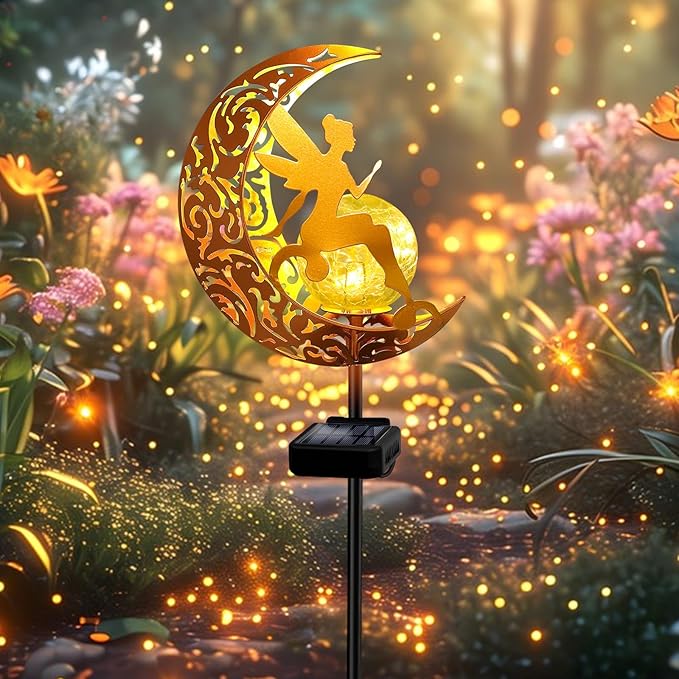 YJFWAL Garden Solar Lights Pathway Stake Lights Moon Fairy Glass Globe with Angel Decor, Christmas Gift for Mom Grandma Friends, Outdoor Decor Light Waterproof for Walkway, Patio, Garden (Warm White)