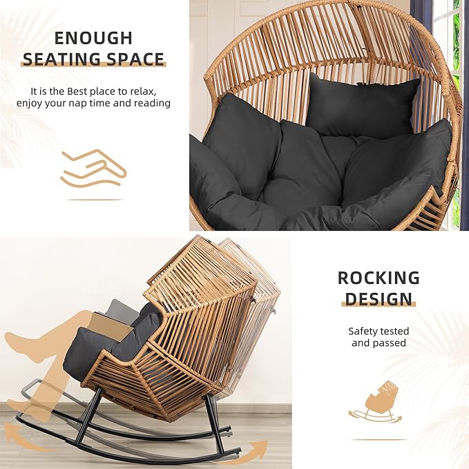 Vongrasig Wicker Egg Chair PE Rattan Rocking Chair with Cushion, Oversized Patio Lounge Rocker Chair for Outdoor, Indoor, Balcony, Backyard, Garden, Black