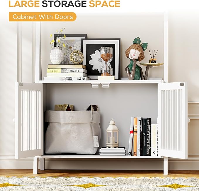 4-Tier Ladder Shelf with Drawers 59.5"H x 24.8"L x 10.6"W, Ladder Bookshelf with 6 Hooks, Tall Narrow Retro Bookcase, Freestanding Storage Shelf for Living Room, Home Office, Bedroom, White