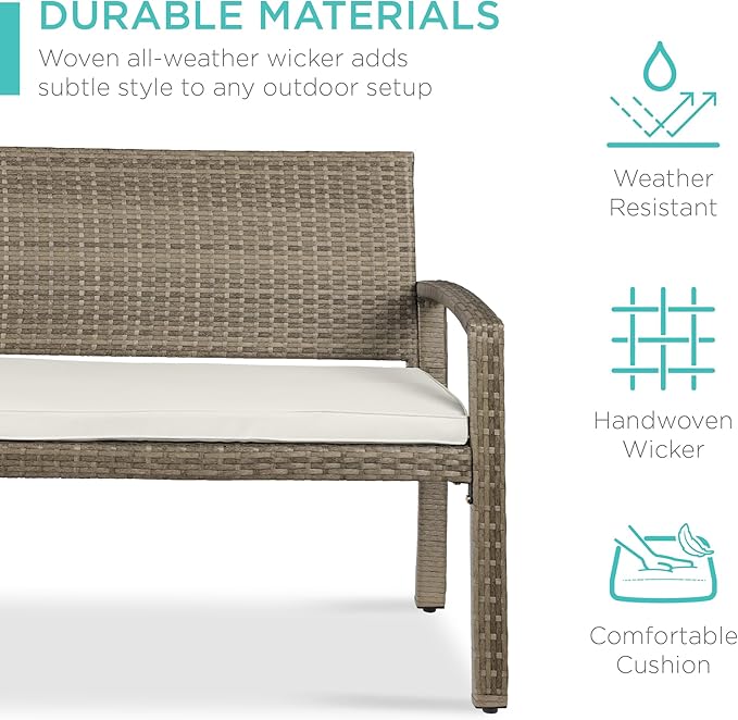 Best Choice Products Outdoor Bench 2-Person Wicker Garden Patio Benches Seating Furniture for Backyard, Porch w/Seat Cushion, 700lb Capacity - White Sand/Taupe
