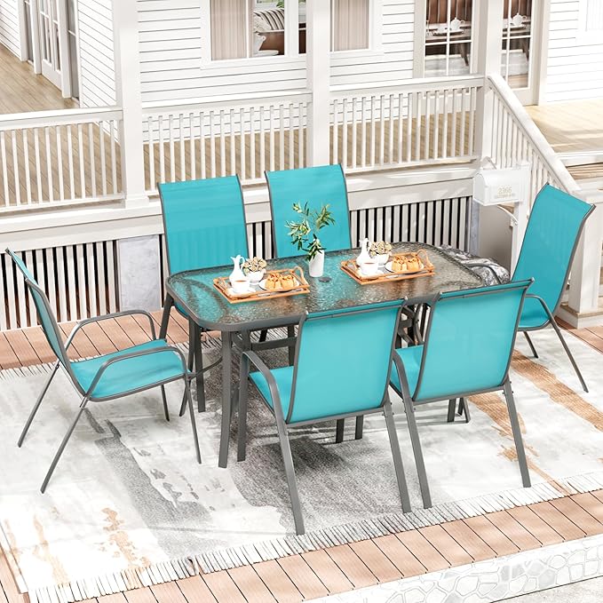 TLSUNNY 7 Pieces Patio Dining Set, Outdoor Table and Chairs W/1.69″ Umbrella Hole, 30"X 55" Table and Stackable Textilene Chair, All Weather Patio Furniture Set (Umbrella not Included)