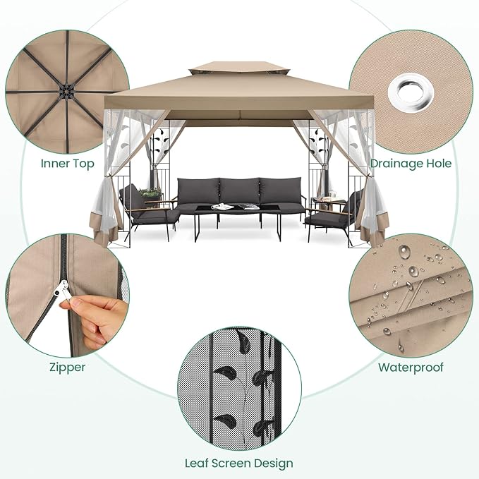 COBIZI Gazebo 10x13 Heavy Duty Gazebos with Improved Nettings Outdoor Gazebo Double Roof Patio Gazebos with Metal Steel Frame Outdoor Canopy for Patio, Deck, Backyard (Khaki)