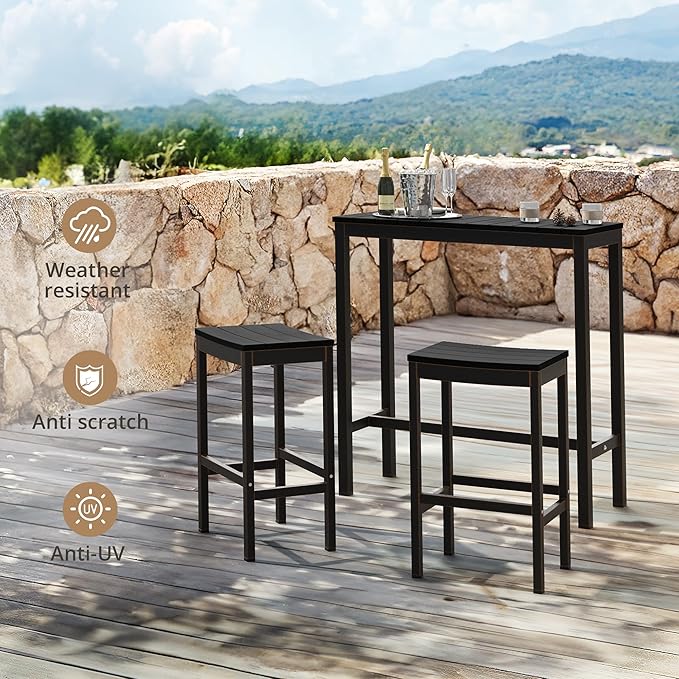 Outdoor Bar Table, 38" Patio Bar Height Counter Console Table, Black Waterproof HDPS Slatted Top and Bronze Leg, Weather Resistant, Hot Tub, Balcony, Yard, Indoor or Outdoor Use