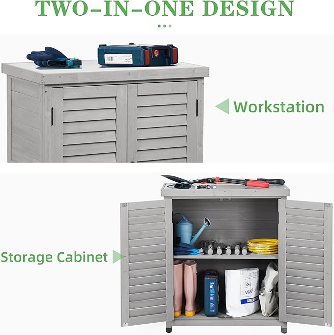 Outdoor Potting Bench with Storage Cabinet and Metal Top, Wood Workstation for Outdoor Patio, Garden (Light Grey, 31x17x36‘’)