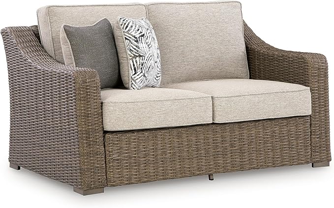 Signature Design by Ashley Carmel Bay Casual Outdoor Loveseat with Cushion, Weather Resistance and Armrest, Beige & Dark Brown