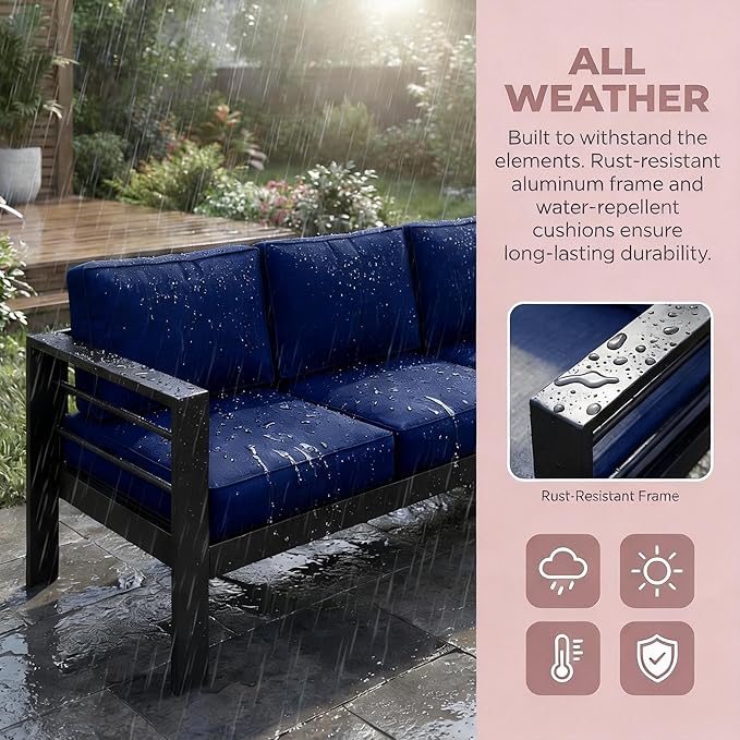 Kiss the Water Outdoor Couch Aluminum Patio Furniture Sofa, 3 Seat All-Weather Metal Patio Couch with 5" Thick and Soft Cushion and Wide Arm, Outdoor Sofa for Balcony, Porch