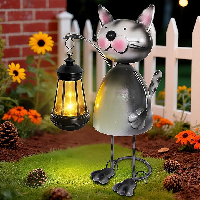 Garden Decor Cat Solar Statues,Unique Garden Statues Cat with Solar Lantern Waterproof, Birthday Gifts for Women Mom Grandma, Front Patio Balcony Yard Art Lawn Ornaments Porch Outdoor Decoration
