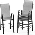 VINGLI Set of 4 Stackable Outdoor Bar Stools – Sling Chairs with High Back & Armrests, for Lawn, Garden, Bar, Grey
