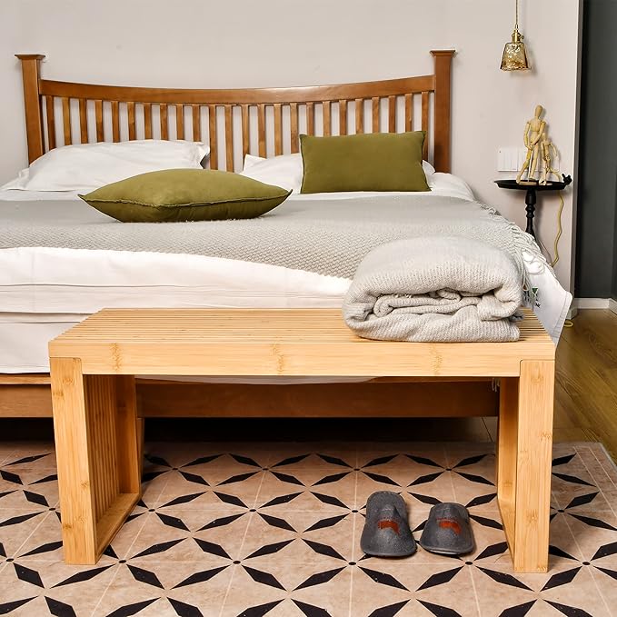 Bamboo Dining Bench, 35 inch Farmhouse Decor Indoor Kitchen Table Bench, Entryway Shoe Rack Bench Solid Bamboo Benches for Living Room, Hallway, Bedroom, Bathroom