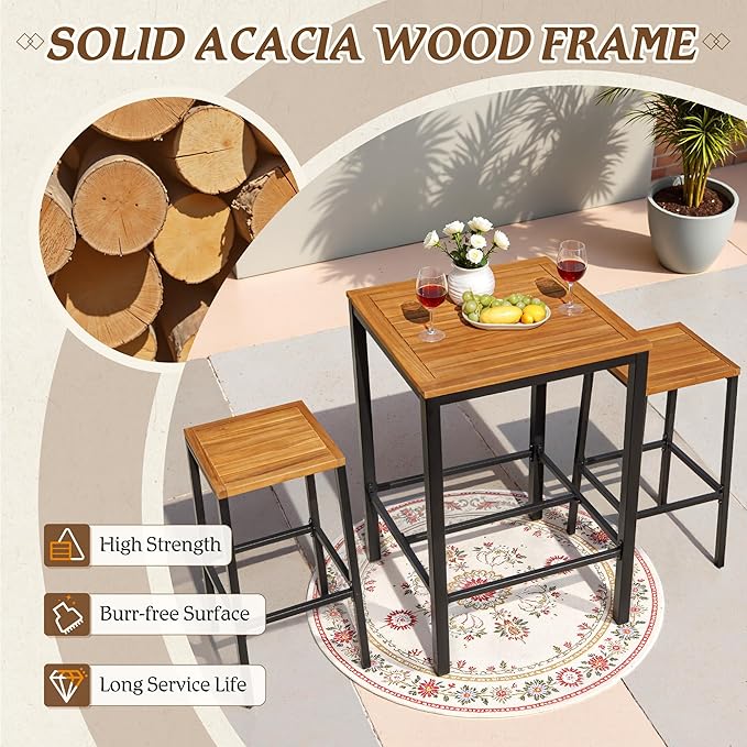 Devoko Acacia Wood Outdoor Patio Bar Set for 2, Square Counter Height Table with 2 Stools, Dining Bar Set for Garden, Deck, Pool Side, Dining Room, Kitchen, Living Room