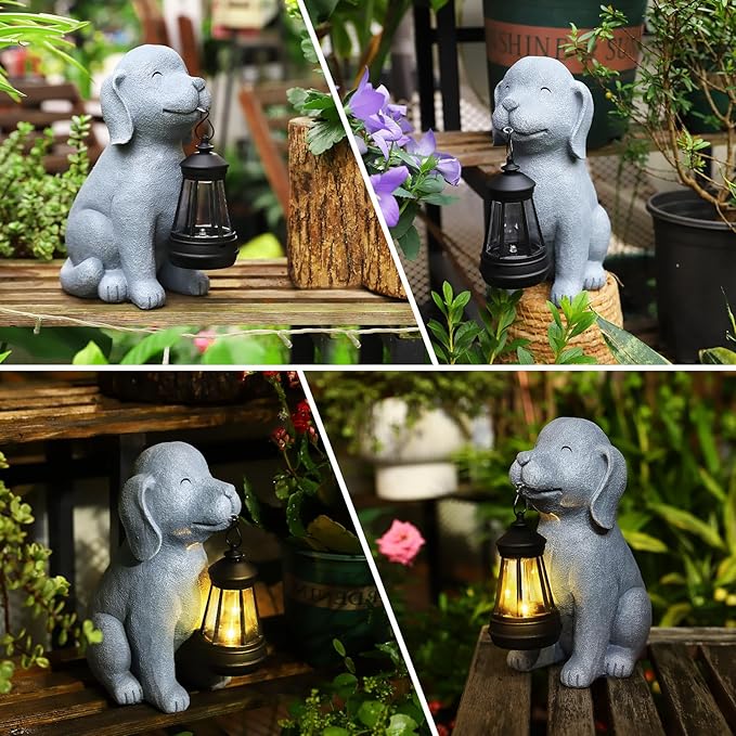 Solar Dog Garden Statue with Lantern, Outdoor Waterproof Dog Figurine Decor for Patio Yard Lawn, Birthday Garden Gifts for Women Mom Grandma, Housewarming Gift
