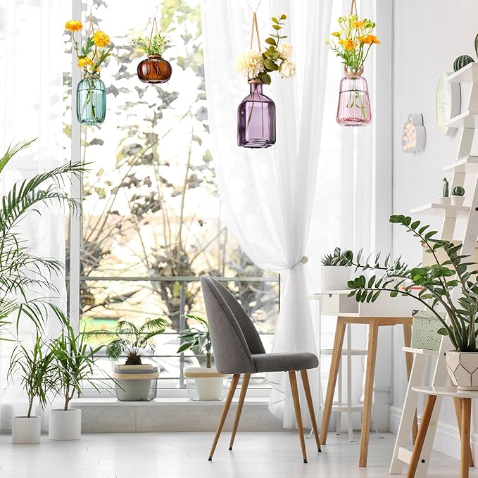 4 Pcs Stained Glass Hanging Vases Hanging Glass Planters Small Plant Terrarium Pot Containers with Rope for Garden Home Indoor Outdoor Decor, 4 Styles (Fashionable)
