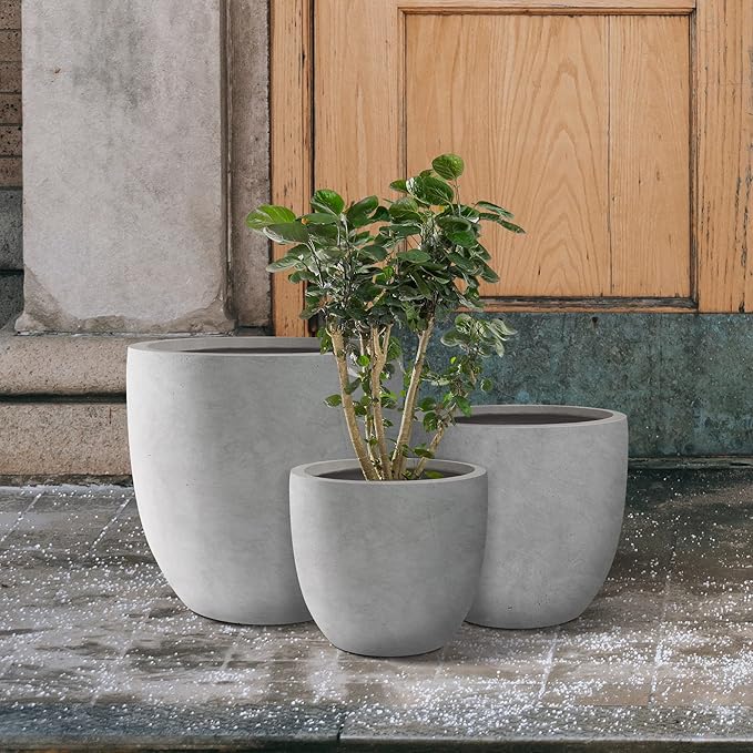 Kante 20",16.5",13.4" Dia Round Concrete Planters (Set of 3), Outdoor Indoor Modern Decorative Plant Pots with Drainage Hole & Rubber Plug for Home & Garden, Natural Concrete