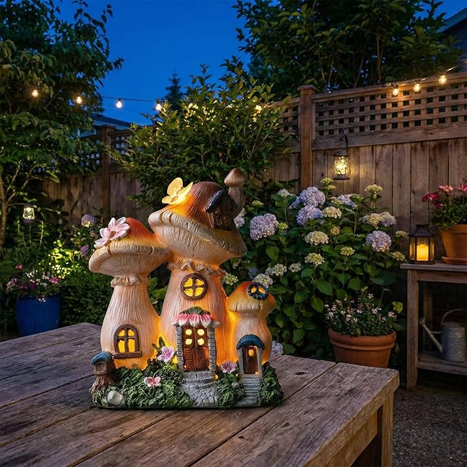 Solar Garden Statue Lights Mushroom Mothers Day Decorations Fairy House Figurine Lights, Outdoor Memorial Garden Ornaments Waterproof Decoration for Outside Patio Yard Lawn Decor