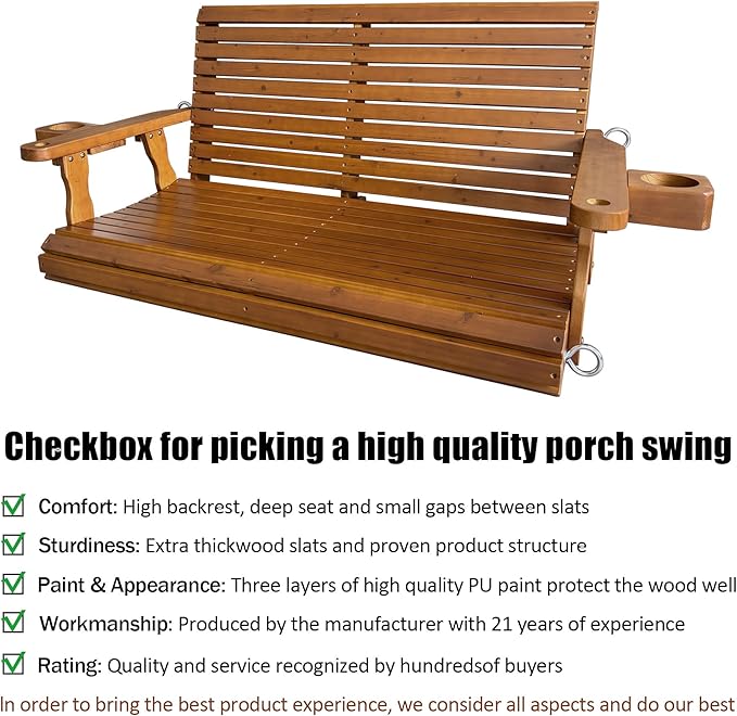 Wooden Porch Swing 2-Seater, High Backrest and Deep Seat, Bench Swing with Cupholders, Hanging Chains and 7mm Springs, Heavy Duty 880 LBS, for Outdoor Patio Garden (Cedar Tone - 4 FT Extra Large)