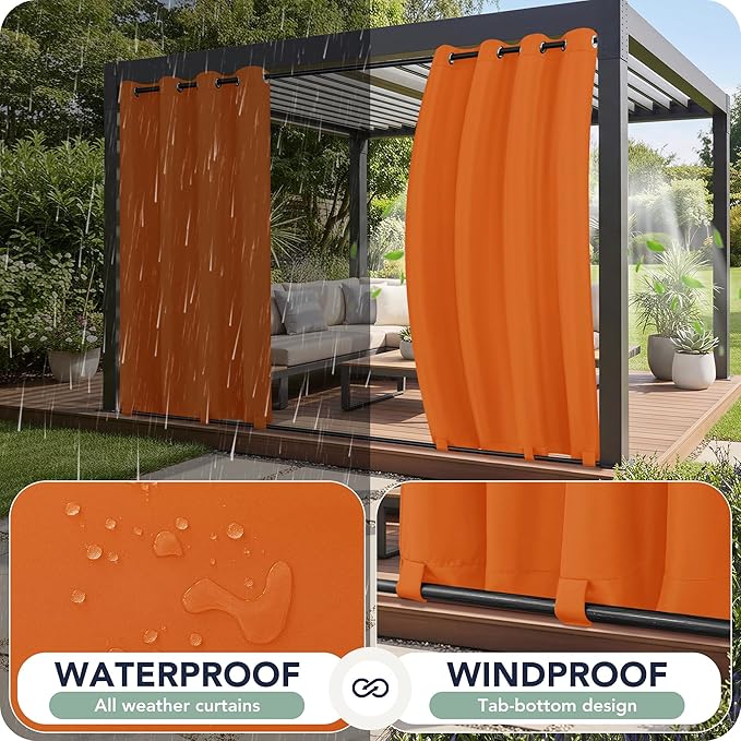 Outdoor Curtains for Patio Waterproof 6 Panels - Windproof, Privacy, Weatherproof Outside Drapes for Gazebo Pergola Porch, Grommet Top and Tab Bottom, 54x95 Inch, Mecca Orange