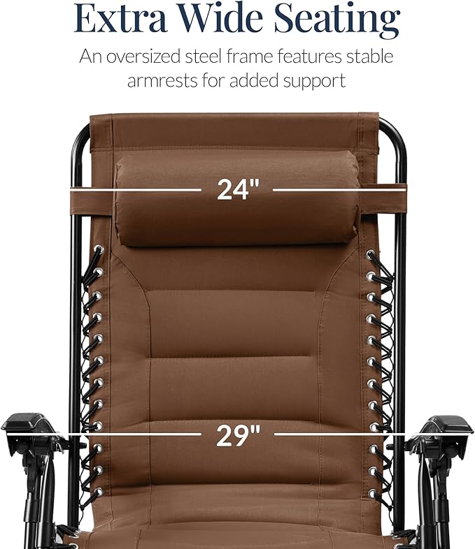 Best Choice Products Oversized Padded Zero Gravity Chair, Folding Outdoor Patio Recliner, XL Anti Gravity Lounger for Backyard w/Headrest, Cup Holder, Side Tray, Polyester Mesh - Dark Brown