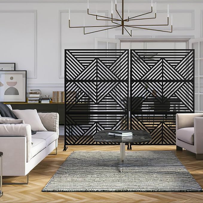 Casaphoria Metal Privacy Screen Outdoor, 72" H x 47" W Freestanding Decorative Privacy Screen for Patio Deck Balcony Garden with Stable Base, Black Zodiac