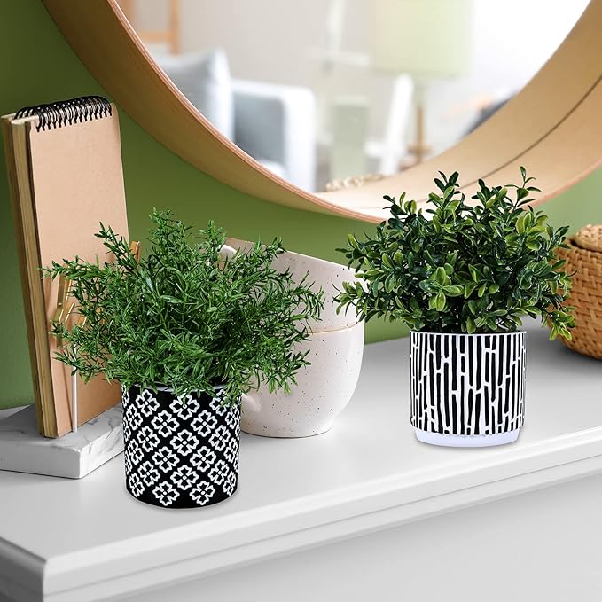 Winlyn 3-Pack Artificial Potted Plants - Faux Eucalyptus, Rosemary, Boxwood Greenery in Small Black & White Geometric Concrete Pots -Desk, Table, Shelf, Windowsill Decor for Indoor Outdoor Home Office