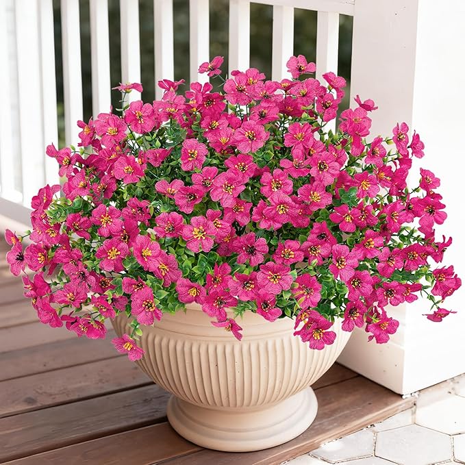 Bassion Artificial Flowers for Outdoors, 24 Bundles UV Resistant Fake Flowers Realistic Silk Faux Plants for Outdoor Planter Window Box Porch Patio Garden Home Outside Decorations