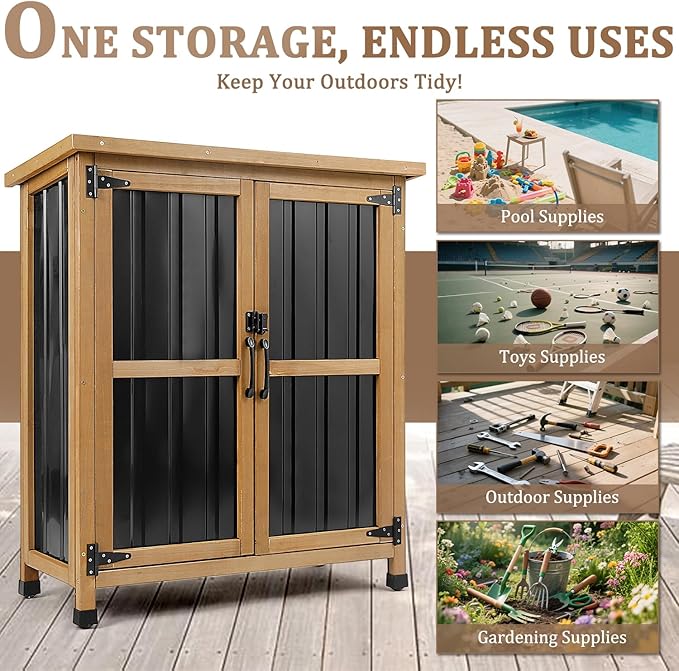 PetsCosset Weatherproof Outdoor Storage Cabinet with Lockable Doors, Wood & Metal Garden Storage Shed Patio Storage Box for Tools & Lawn Equipment, Pool Accessories