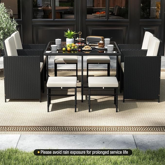 Tangkula 9 Piece Patio Dining Set, Rattan Chairs with Tempered Glass Table & Ottoman, Space Saving Wicker Sectional Conversation Set with Removable Cushions, Outdoor Furniture for Backyard Garden Deck