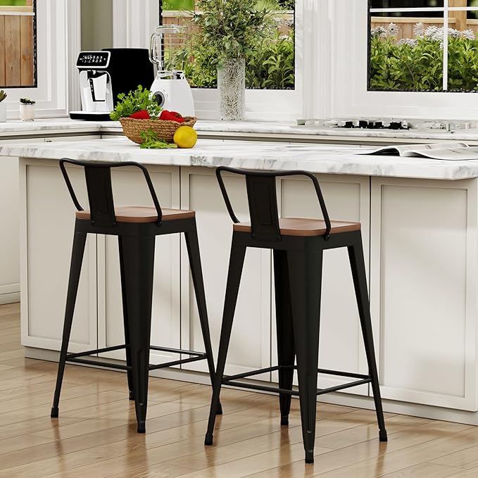 WENTMENT Metal Bar Stools Set of 2 Counter Height Barstools with Removable Back 26" Kitchen Bar Stools with Wooden Seat, Black