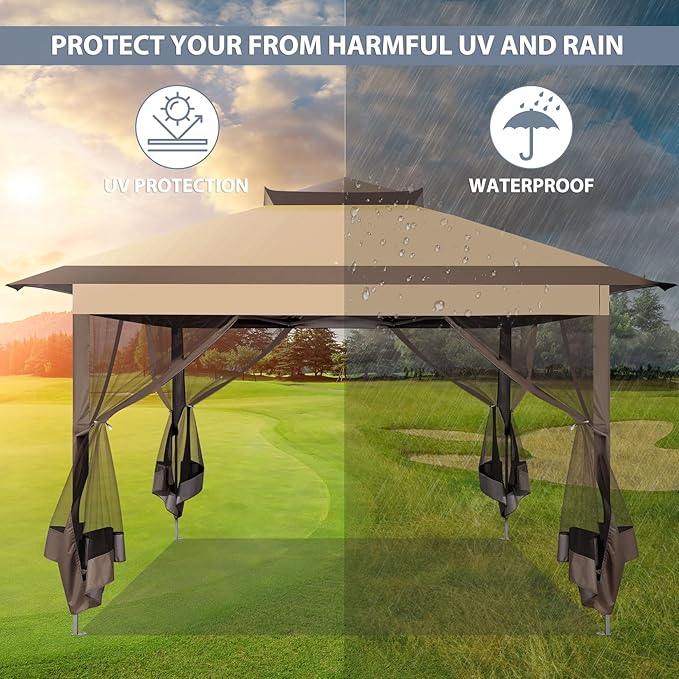 COBIZI 11x11 FT Pop up Gazebo Canopy Tent - Outdoor pop up gazebos on Clearance,carpas para Patio,Shelter - Screen Tents with Portable Carry Bag,Patio Gazebos for Camping,Garden,Deck,Backyard,Brown