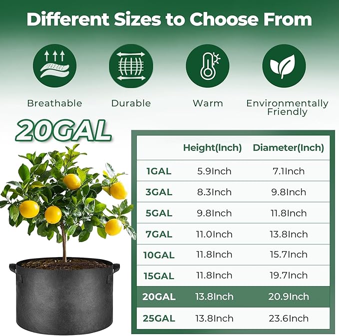 T4U 20 Gallon Grow Bags, Upgrade Fabric Grow Bags with Handles, Thickened Garden Plant Pots for Planting Vegetables, Tomato Planter, Smart Pots for Plants (5 Pack 20 Gal)