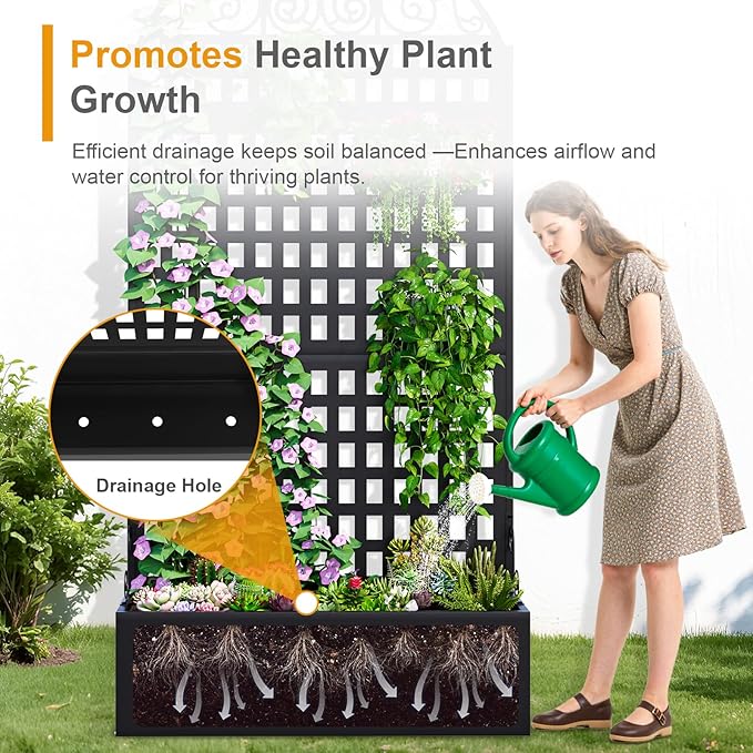 Metal Raised Garden Bed with Trellis, 79"x40"x11.8" Planter Box with Privacy Screen for Patio Deck, Freestanding Divider Fence with Drainage Holes for Climbing Plants Vines & Vegetable