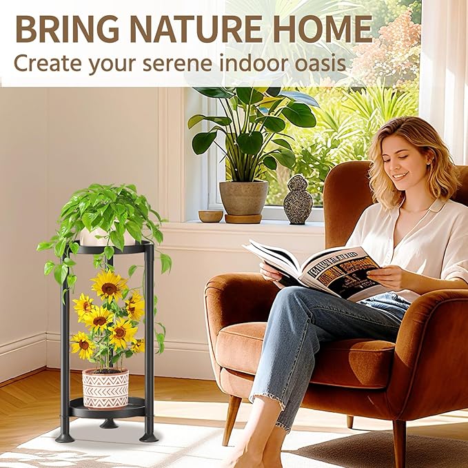 LASZOLA 2 Tier Black Corner Plant Stand Indoor for Large Tall Flower, Heavy Duty Sturdy Metal Vertical Tiered Planters Holder for Patio, Multi Level Wrought Iron Organizer Décor for Modern Farmhouse