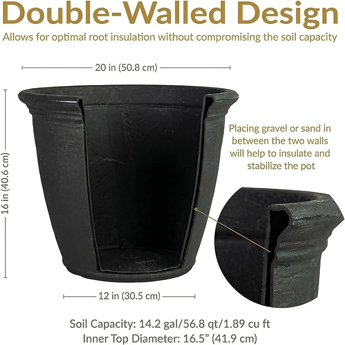 Sunnydaze 20-Inch Anjelica Large Plastic Pot for Plants - Outdoor Double-Walled Large Plastic Planter with Drillable Drainage Holes - Matte Black - 2pk