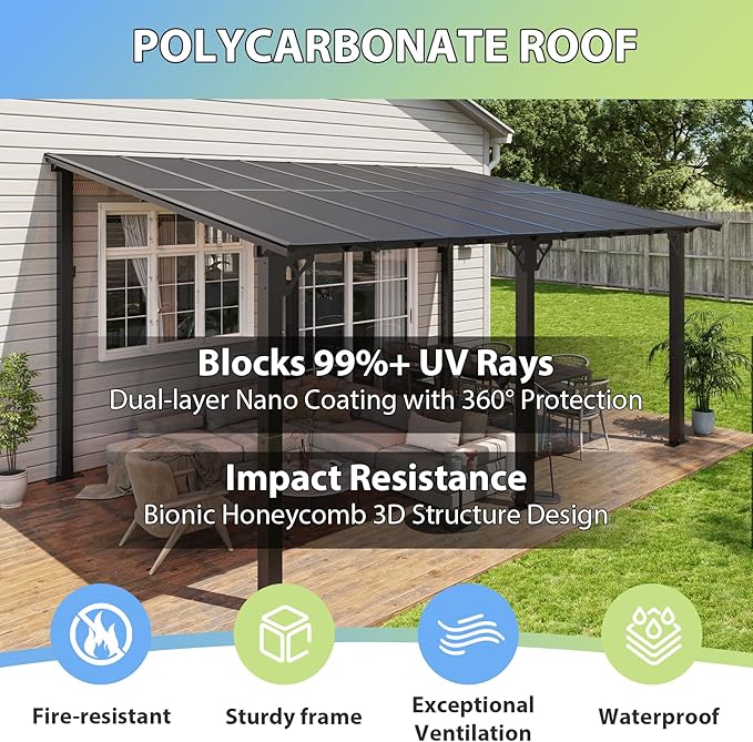 Aoxun 16'x 10' Premium Gazebo with Aluminum Top Frame & Polycarbonate Panel, Wall Mounted Gazebos Pergola, Outdoor Patio Lean to Gazebo, Awnings with Sloped Roof, for Backyard, Porch, Deck